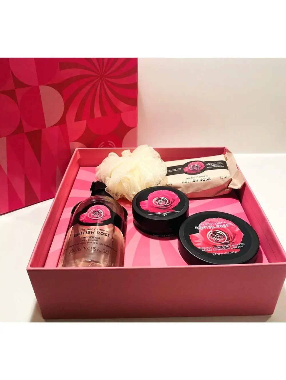 British Rose The Body Shop Gift Set Box Brand NEW Pink Body Wash Loofah Cream